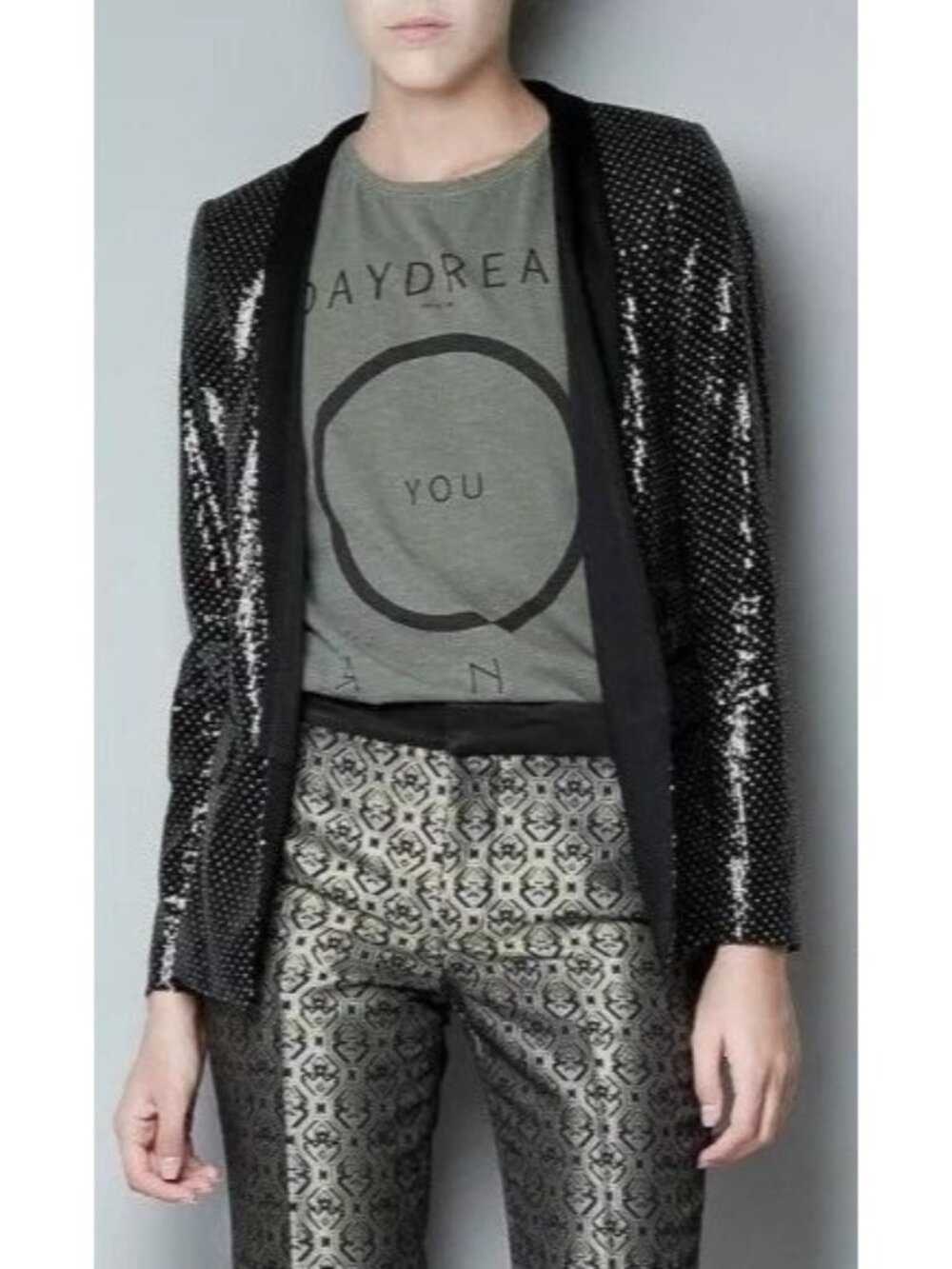 Polka Dot Sequin Tuxedo Collar Blazer Black Combined Zara Woman Size S Jacket